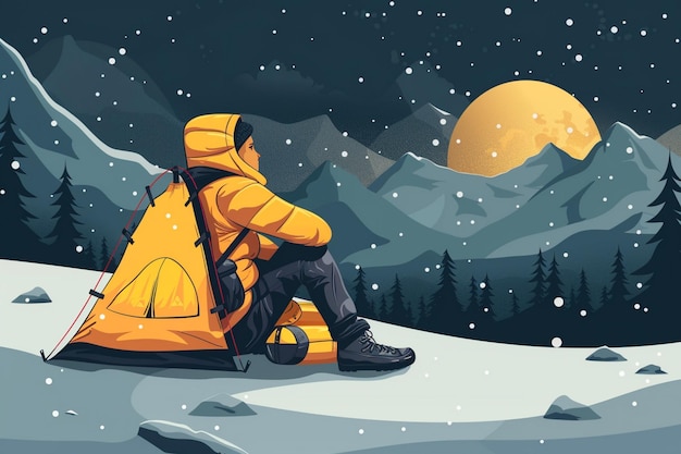 Vector a man sits on a snowy hill with a moon in the background