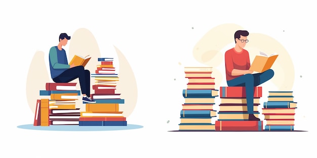 a man sits on a stack of books with a woman reading a book