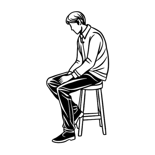 a man sits on a stool in a white background with a drawing of a man sitting on it