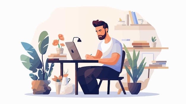 Vector a man sits at a table with a laptop and a plant in the background