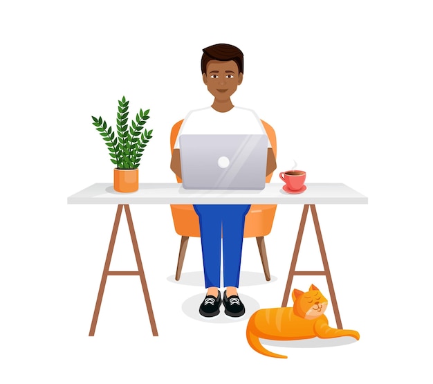 Man sits at a table, works at a computer at home. Remote work, freelance, home office, programming, training. Cozy working interior with a cat