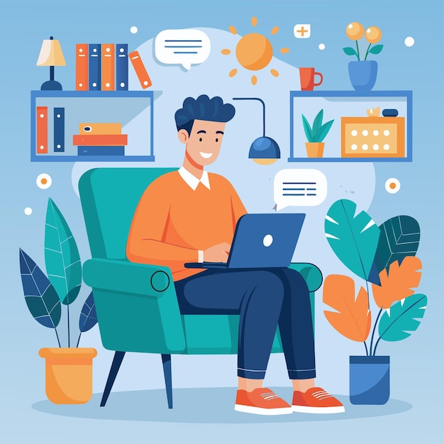 Man sitting in armchair and using laptop for work A man sitting on armchair and working from home chatting with colleagues via laptop illustration