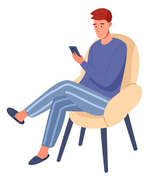 Man sitting on armchair and watching video on smartphone isolated on white background