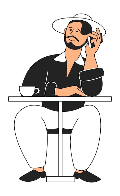 Man sitting at cafe table and talking on mobile phone. Vector illustration