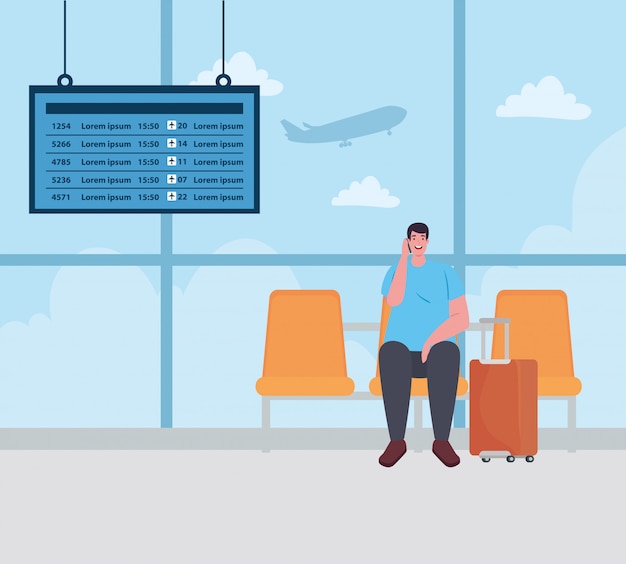 Man sitting in chair on the airport terminal, passenger at airport terminal with baggages vector illustration design