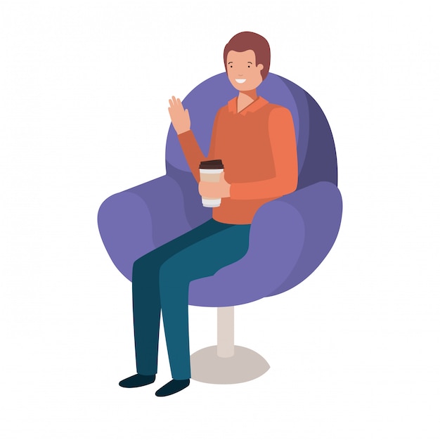 man sitting in chair with container coffee avatar character