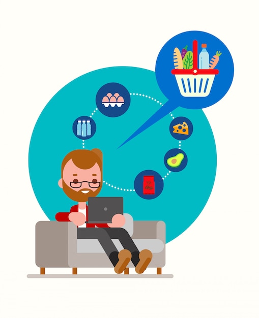 Man sitting on couch ordering groceries online with laptop. Modern lifestyle with online food delivery concept illustration.  cartoon in flat design style.