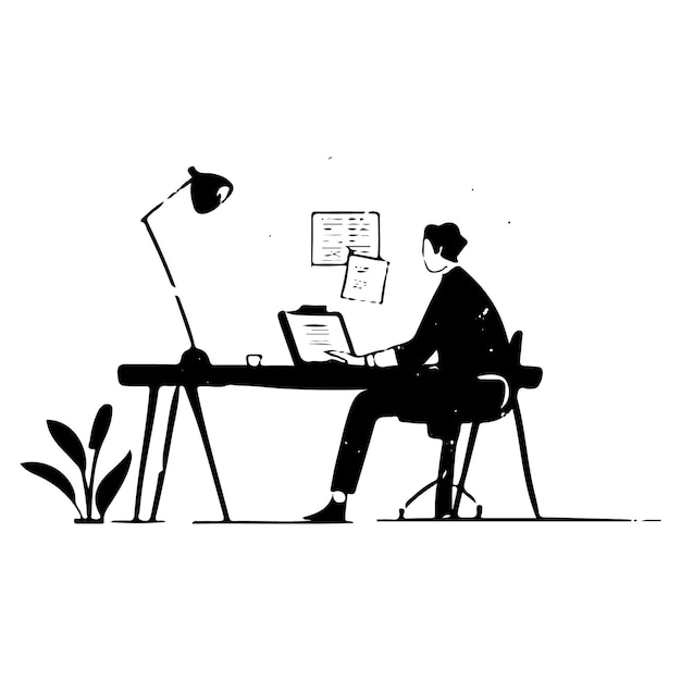 Man sitting at a desk working on a computer coworkers Hand drawing style illustration