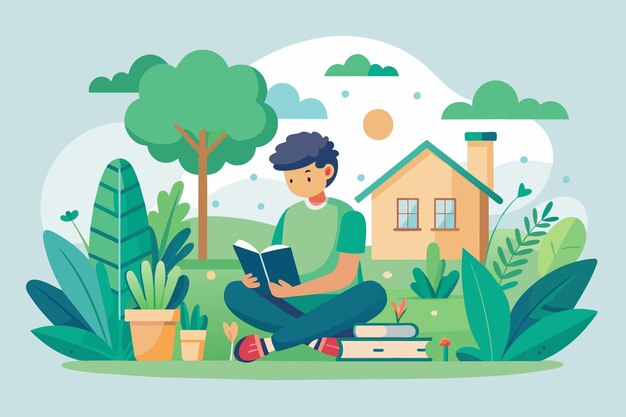 Vector a man sitting on the ground engrossed in reading a book in a garden setting study in the garden trending simple and minimalist flat vector illustration