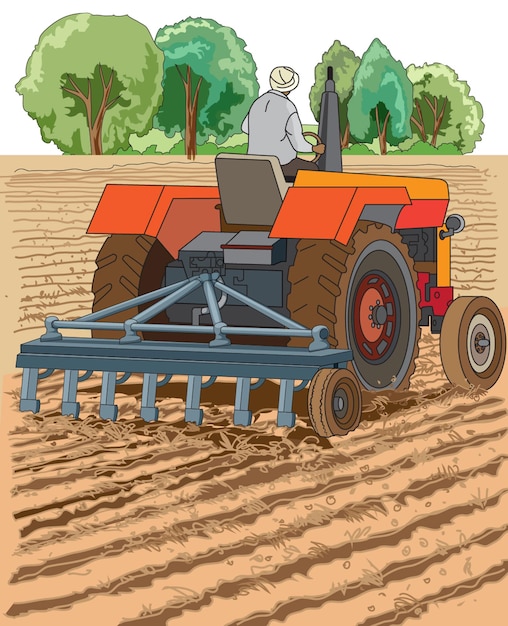 Man sitting on his tractor and ploughing the field