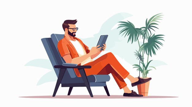 Man Sitting on Lazy Chair with Smartphone and Laptop