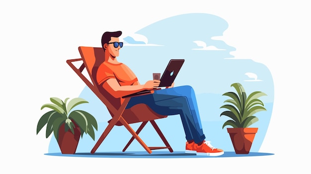 Man Sitting on Lazy Chair with Smartphone and Laptop