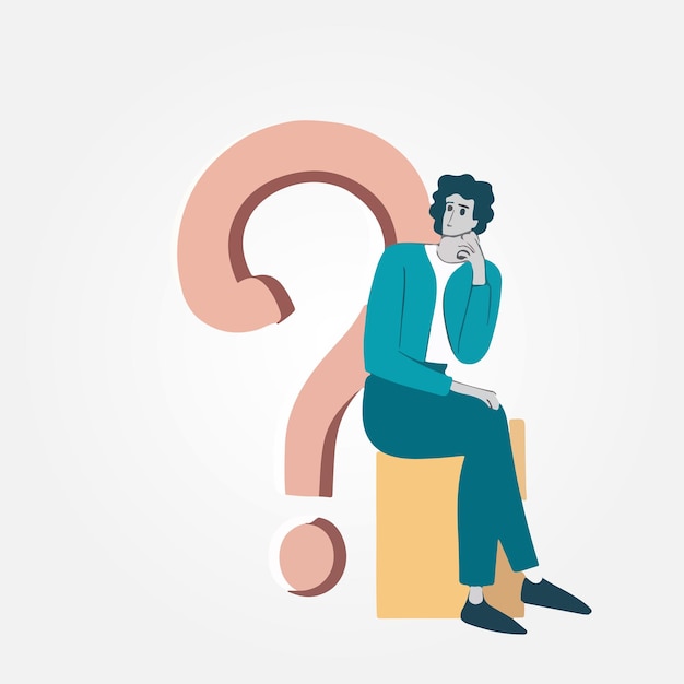 man sitting and leaning on question mark looking for answers vector illustration