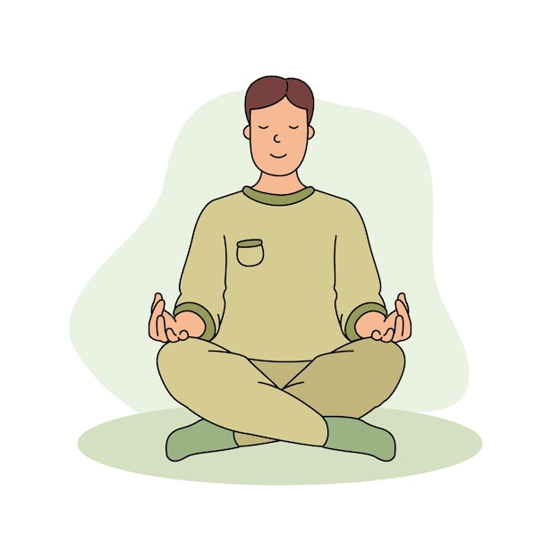 Man sitting in lotus pose yoga Smiling boy sits in lotus pose with closed eyes