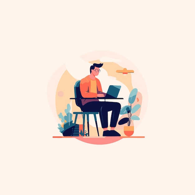 man sitting in office working on laptop vector illustration