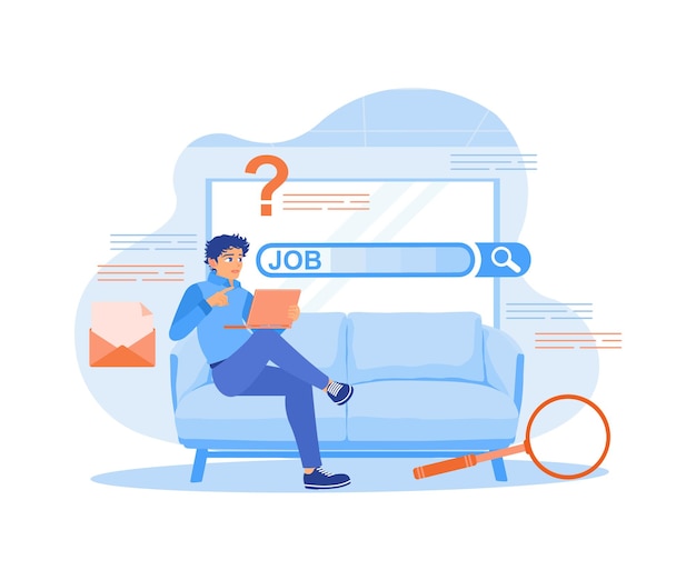 Vector the man sitting on the sofa looking for job vacancies on a laptop from home job search concept flat vector illustration