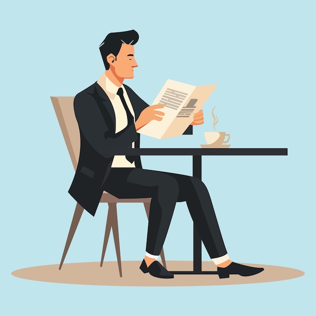 a man sitting at a table reading a newspaper illustration vector