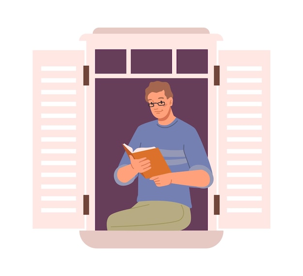 Man sitting on window sill reading book