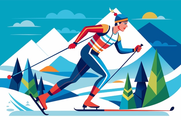 A man skillfully rides skis down a snowcovered slope in a dynamic motion Para nordic skiing Customizable Disproportionate Illustration