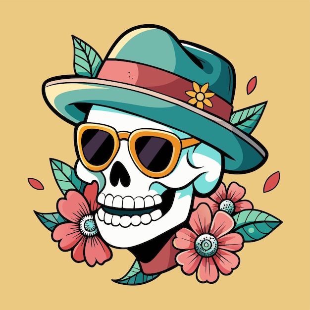 Man skull with sunglasses and cap with flower tshirt sticker design