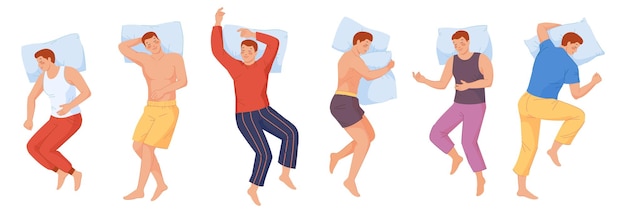 Man sleep in bed Male sleeping poses vector illustration