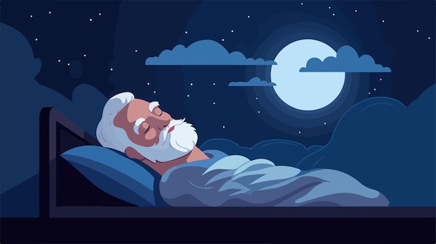 Vector a man sleeping in a bed under a moon with a moon in the background