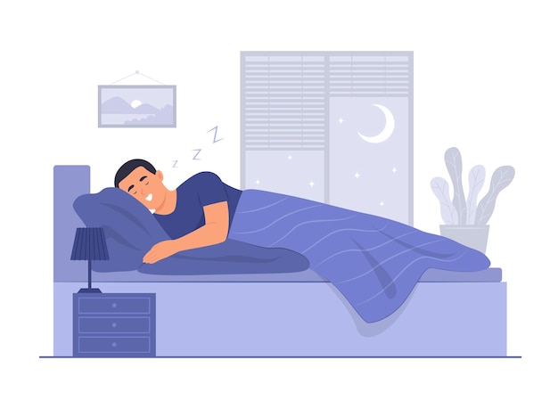 Vector man sleeping in bed and snoring at night