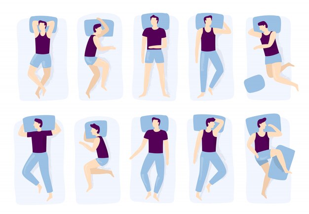 Vector man sleeping poses, night sleep pose, asleep male positioning on bed and sleep position isolated