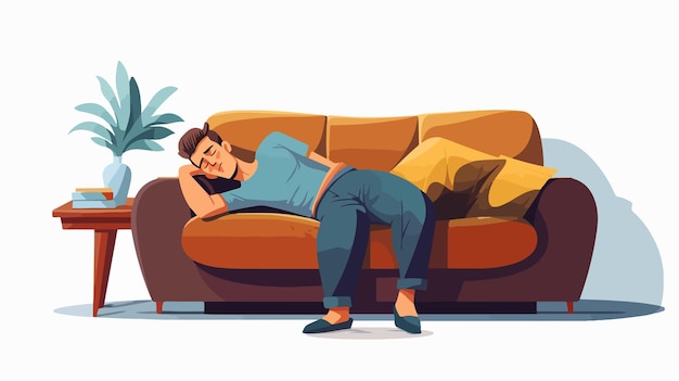 Vector man sleeping on sofa dreaming about vacation cartoon