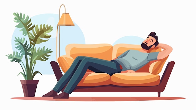 Vector man sleeping on sofa dreaming about vacation cartoon