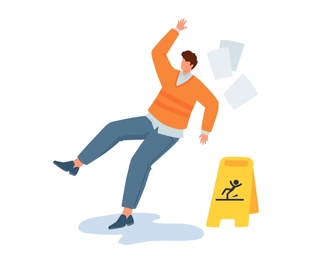 Man slipping wet floor beside caution sign person loses balance workplace accident prevention