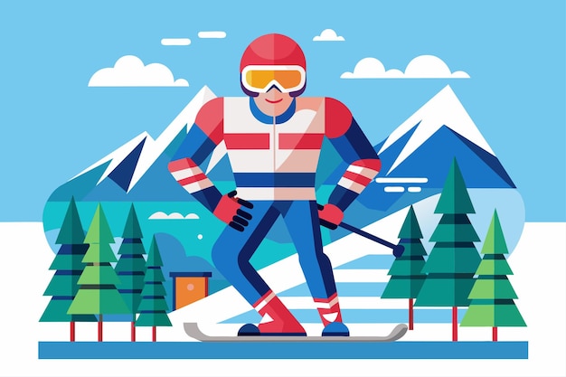 A man smoothly rides skis down a white snowcovered slope on a sunny day Para alpine skiing Customizable Flat Illustration