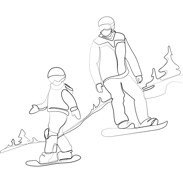 Man snowboarder with a child riding on a mountain slope on snowboards simple line drawing