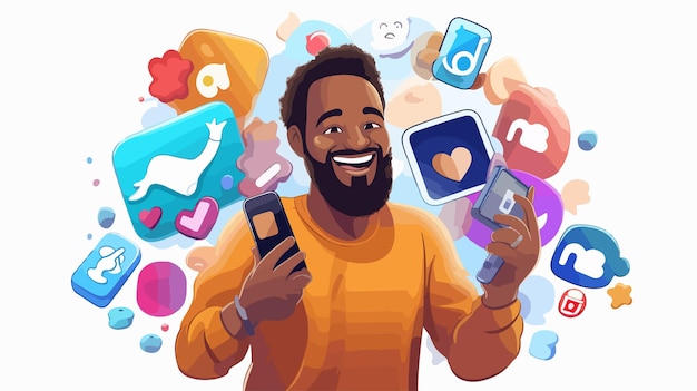 Man Social Media Apps Cartoon Vector Illustration