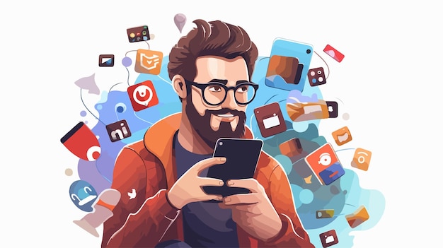 Man Social Media Apps Cartoon Vector Illustration