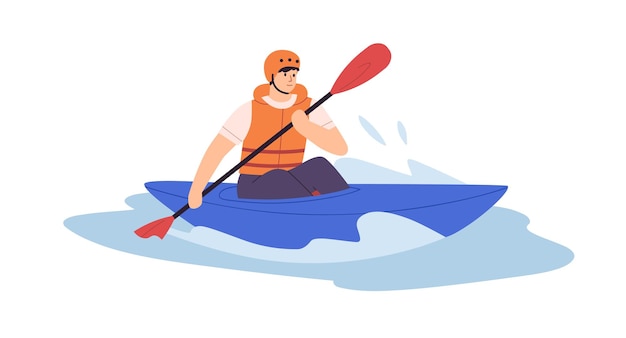 Man in solo canoe rowing with paddle on water. Person in helmet and life vest riding boat with oar on river. Extreme leisure activity. Flat vector illustration isolated on white background