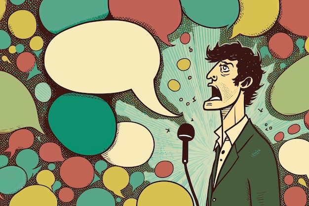 A man speaking into a microphone with a speech bubble in the background.