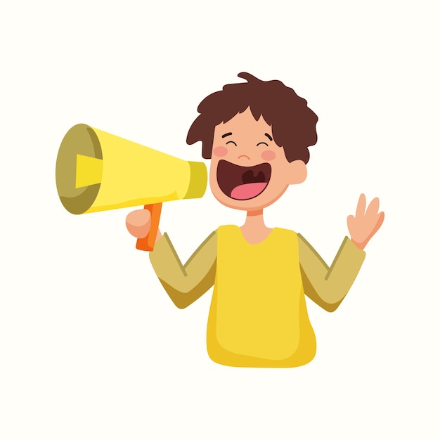 The man speaks into a megaphone. Vector illustration in flat style