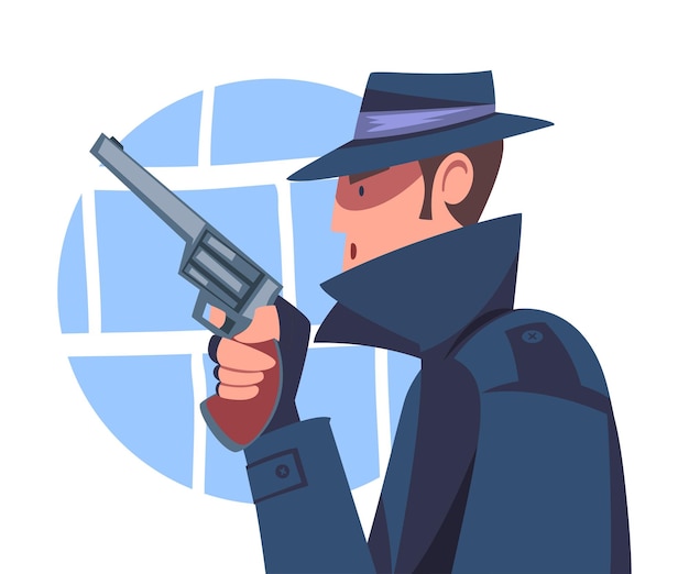 Man spy character in black coat and hat with handgun investigating vector illustration