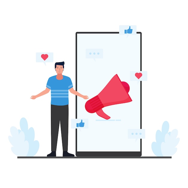 Man stand beside phone with megaphone and love likes icons around metaphor of mobile marketing.