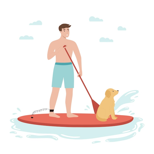 A man stand up on paddle board with dog