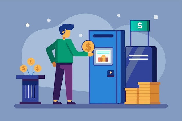 Vector a man standing by an atm machine withdrawing money with cash in hand the activity of withdrawing money from the bank trending simple and minimalist flat vector illustration