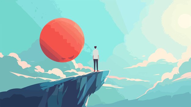 Vector a man standing on a cliff with a red balloon above his head