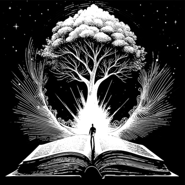 Vector a man standing in front of a book that has a tree on it