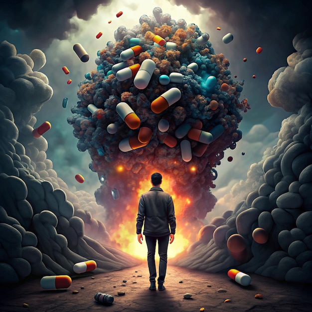 Man Standing in Front of a Giant Pill Explosion