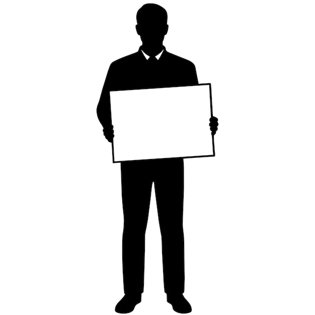 Man standing and holding a big signboard banner vector silhouette white background