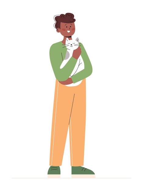 Man standing and holding cat in his arms Concept of love for pets Design element