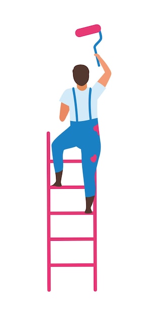 Man standing on ladder with paint roller with semi flat color vector character