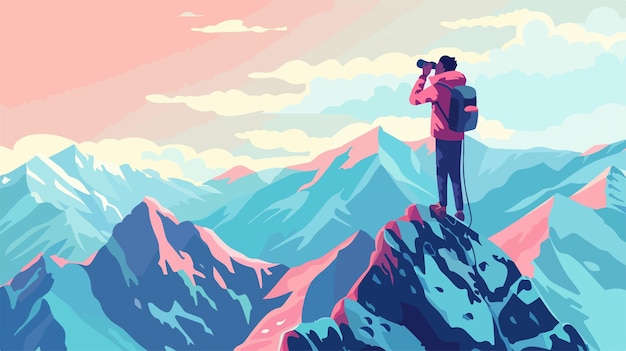 Man Standing on Mountain Peak with Binoculars