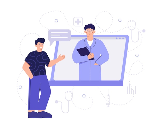 Man standing near tablet screen and talking with medical worker Time for making treatment of patients online Remote medical consultation via Internet Vector flat illustration in blue colors